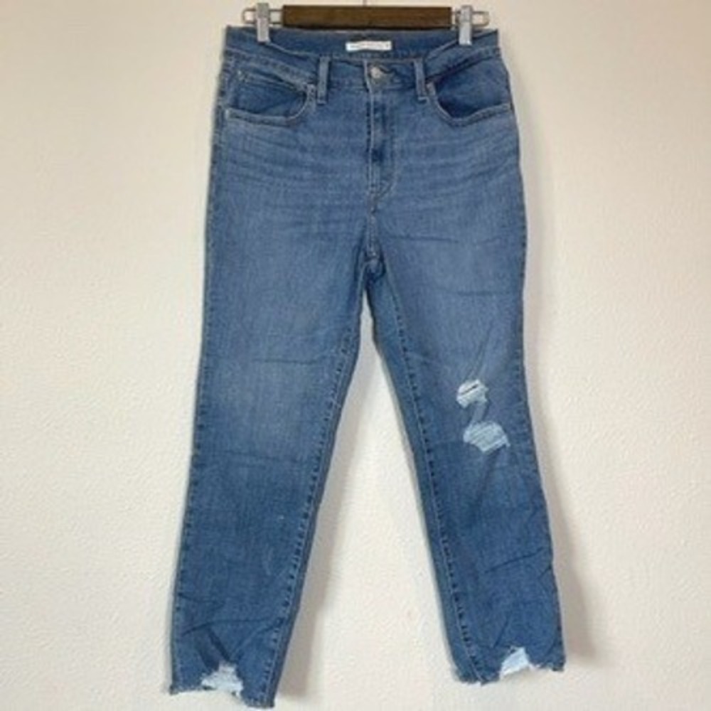Levis 724 High Rise Straight Crop Jeans Blue Distressed Raw Hem W30 58825-0082